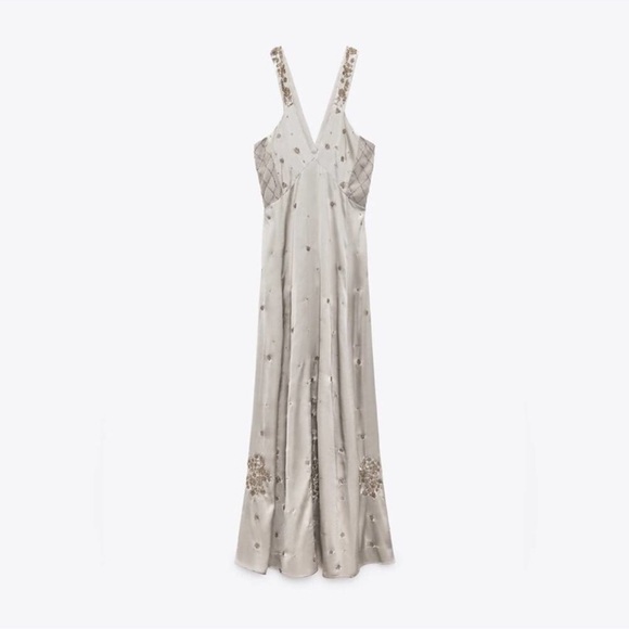 Zara Women’s Satin Dress with Embroidery Limited Edition Size XS NWT Pearl Grey - Picture 3 of 12